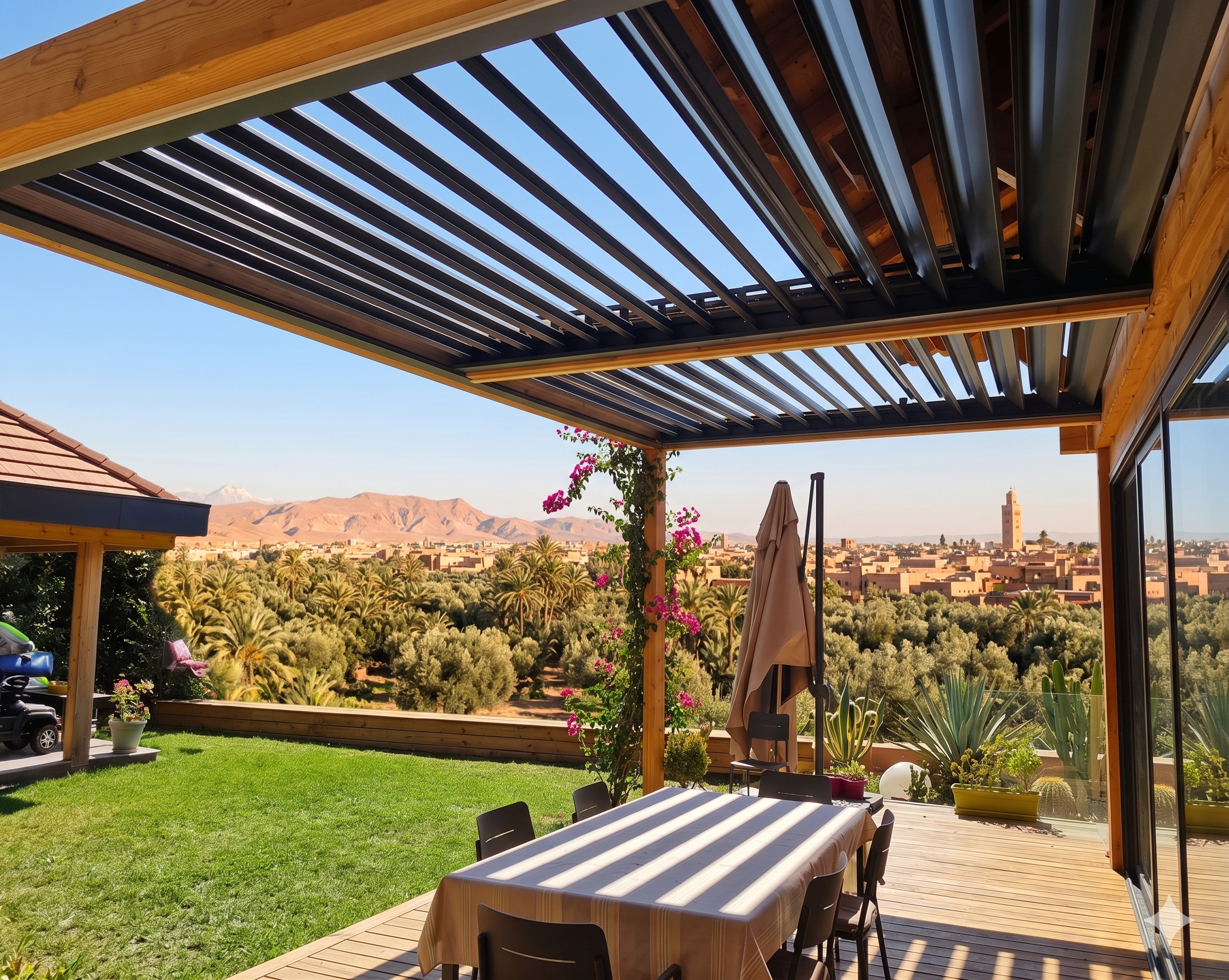 Pergola bioclimatique avec lames orientables face à l'Atlas